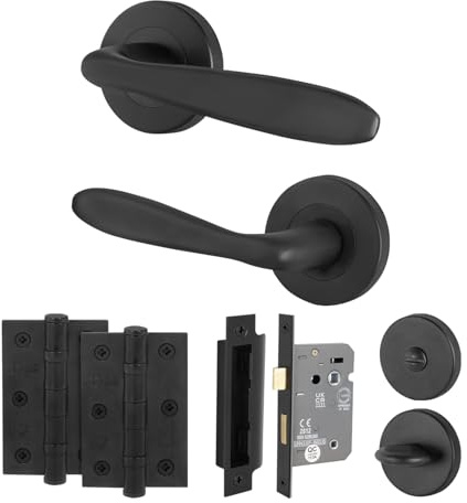 EAI Matt Black Door Handles with Bathroom Lock 64mm, Hinges - Sarno | Complete Bathroom Kit with 1 Pair of Round Rose Door Handles, 64mm Lock, 76mm Hinges and Thumb Turn Set, Fixings Included
