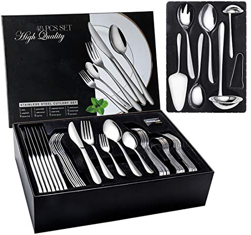 JIALONGDA 48-teiliges Besteckset, Edelstahl-Besteckset für 8 Personen mit Besteck-Servierset 10-teilig bestehend aus Messer, Gabel, Löffel, Besteck-Serviergerät, polierter Edelstahl, glänzend, spülma
