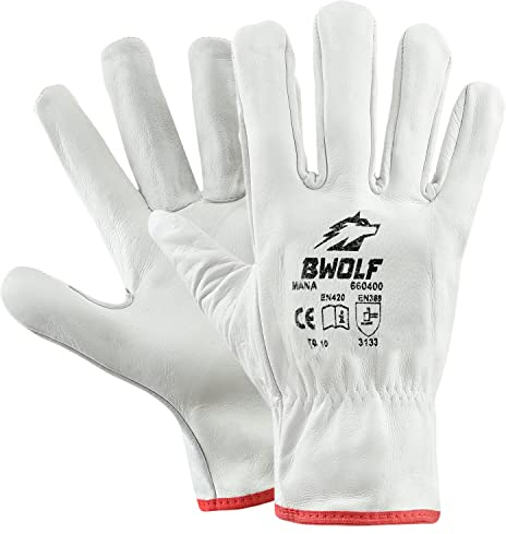 BWOLF MANA 12/60 Paar Arbeitshandschuhe Leder Arbeitshandschuhe Herren, dornenfest, reißfest mit elastischem Handgelenk (10, 12 stück)