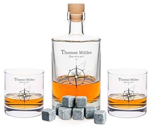 Leonardo gravierte Whiskygläser & Karaffe im Set - Kompass Design - 2x Whisky Gläser personalisiert mit Name - inkl. 500 ml Dekanter & 8x Kühlsteine - Geschenk für Papa zum Vatertag