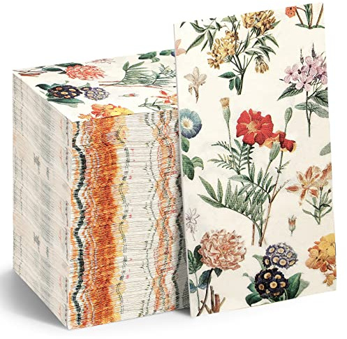 Tatuo Floral Paper Napkins Watercolor Floral Guest Napkins Vintage Wild Flower Disposable Hand Towels Flower Decorative Paper Guest for Bathroom Wedding Birthday Party (100 Pieces,4.3 x 7.9 Inch)