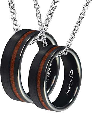 KnSam Edelstahl Partnerketten Ring Gravur EIN Leben lang an deiner Seite, 2 Stück Anhänger Ring 8MM Holz Partnerketten für Sie und Ihn Schwarz, Gr.54 & Gr.62, Länge 60cm/ 50cm