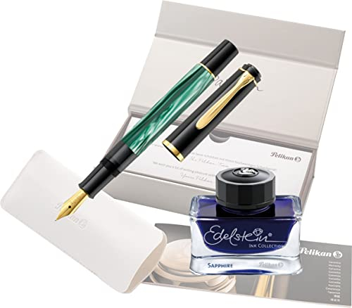 Pelikan Füllhalter Classic 200, Grün-Marmoriert, Feder F (fein), hochwertiger Kolbenfüller im Geschenk-Etui mit Edelstein Ink Sapphire (blau)