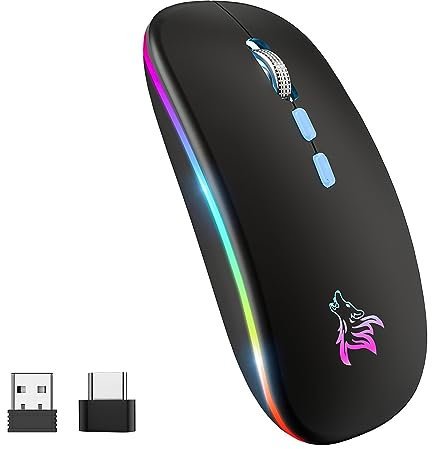 BQSS Mouse wireless a LED, sottile, ricaricabile, silenzioso, portatile, USB, 2,4 G, wireless, Bluetooth, due modalità, con ricevitore USB e adattatore di tipo C, nero