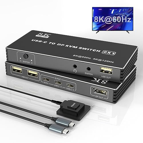 USB C KVM Switch 8K@60Hz 4K@120Hz, 2 Port Typ C für 2 Computer, 1 DisplayPort Monitor, Mit 3 USB 2.0 Geräte und Mikrofon Audio, Umschalter für Thunderbolt und MacBook Pro