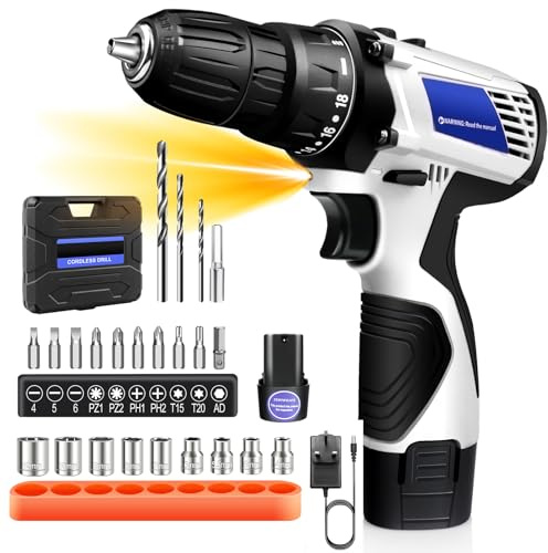 Cordless Drill Electric Screwdriver Rechargeable Small Hand Drill 2-Speed 16.8V, Fast Charger, with Rechargeable 1500 mAh Battery & LED Work Light (White)