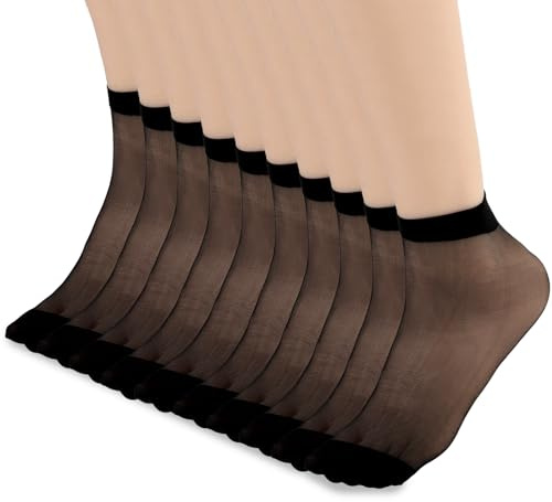 Telooco 10 Paar Nylonstrümpfe Damen Kurze Durchsichtiges Sommersocken Dünne Rockstrümpfe Nylon Socken Trachtensocken Atmungsaktive Seidensocken für Frauen und Mädchen (Schwarz)