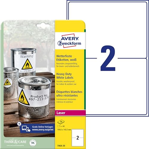 AVERY Zweckform L7068-20 Wetterfeste Etiketten, wasserfest, 199,6x143,5mm | 40 Aufkleber, Folienetiketten, Outdoor Klebefolie, extrem stark selbstklebend, strapazierfähig, 20 Blatt, weiß