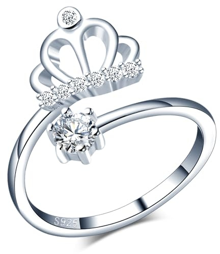 CPSLOVE Elegante Anelli Corona con Zircone da Donna Ragazza Anello in Argento 925 Anello Aperto Regolabile Anelli di Fidanzamento Matrimonio