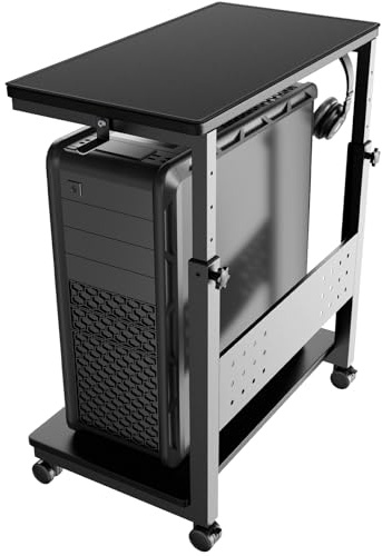 PUTORSEN Support Tour PC Réglable Hauteur à 2 Niveaux, avec Roulettes et Tapis de Souris, Support PC sous Bureau pour Boîtier ATX jusqu'à 40kg/Niveau, Support pour Imprimante de Bureau Domestique,Noir