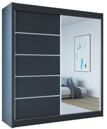 Easy4You B1 180 cm Schwarz Schiebetüren Kleiderschrank 180x215x58 cm mit Spiegel - Schlafzimmermöbel, Aufbewahrung - Mehrzweckschrank