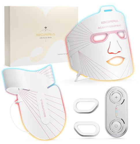 IBORRIA LED Maske Gesicht Hals Lichttherapie Rotlichttherapie | Nahinfrarot LED Gesichtsmaske Flexible Silikon, 3 Modi Rot Blau Gelb, Verstellbare Bänder, für Zuhause Yoga Anti-Aging Weiß