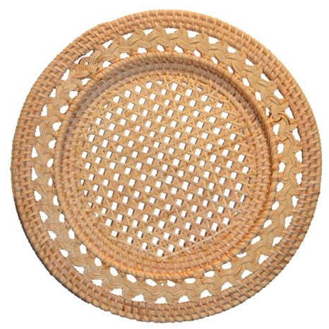 EME Bajoplato Modelo Lombok con un Diametro de 32,5 cm, Color Natural de Estilo rústico fabricado con fibras naturales 100% Salvamantel de Ratán Natural