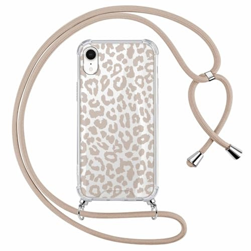 ZhuoFan Handyband Handyhülle für iPhone XR Hülle mit Band, Transparent Aesthetic Muster Schutzhülle, Silikon + Schwer PC mit Kordel zum Umhängen Necklace Lanyard Case, Leopard