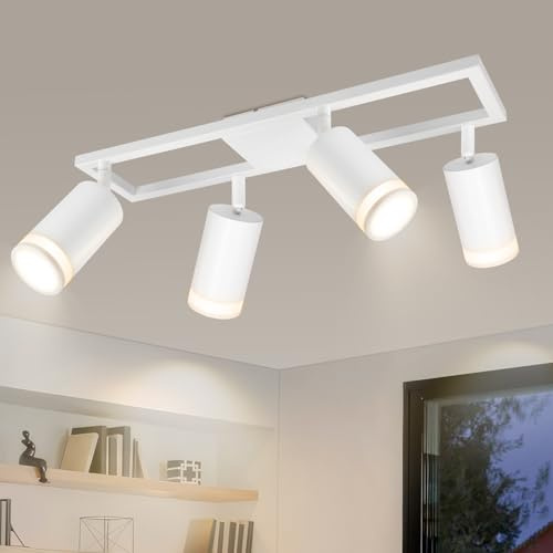 Dehobo LED Deckenstrahler 4 Flammig Weiß GU10, Deckenlampe Strahler Schwenkbar 450°, Deckenspots für Küche Schlafzimmer Wohnzimmer, Nein Leuchtmittel