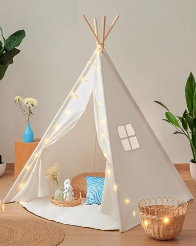 Buddy Baby • Tienda Tipi • Desde 18 Meses • Luces Decorativas en Forma de Estrellas (3 m) • Alfombra Antideslizante • Peluche Nube • Montaje sin Herramientas • Anti-colapso • Ventana Lateral