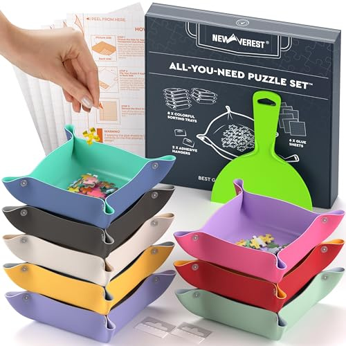 Newverest All-You-Need Puzzle Set, 8 Bandejas para Puzzles hasta 2000 Piezas, 6 Hojas Adhesivas, Espátula Y 2 Ganchos Adhesivos En Caja Regalo, Kit para Amantes De Los Puzzles