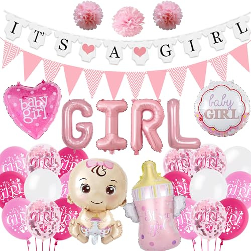 Baby Shower Decorations Girls Balloons - 48 Pieces Pink Gender Reveal Party Supplies, Newborn Welcome Accessories with It's A Girl Letter Banner Bottle Letter Shapes Balloon