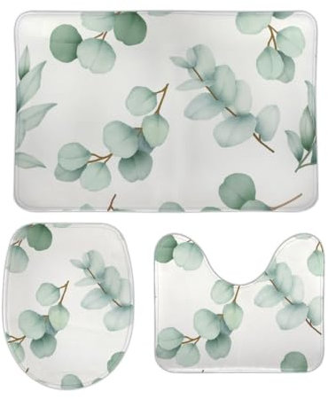 Badezimmer Vorleger 3-Teiliges Aquarell Eukalyptusblätter Wc Vorleger Set 3 Teilig Weiches U-Förmiger Teppich Waschbar Badematte Für Badewanne Badezimmer Dusche