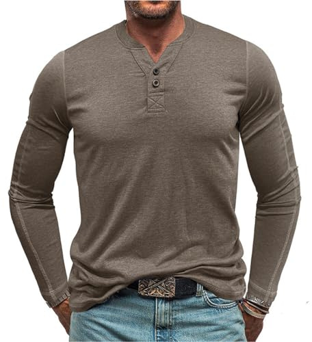 RQPYQF Maglietta da Uomo Manica Lunghe Casuale Henley T-Shirt Maglie a Manica Lunga Leggera Top vestibilità Regolare CS33 (Cachi, XXL)
