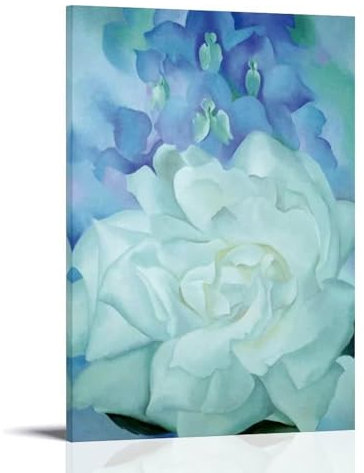 YYUEQIL Georgia O'Keeffe Artworks Kunstdruck mit weißer Rose mit Rittersporn Kunstdruck, Wandkunst, Gemälde, Leinwand, Geschenk, Dekoration, Zuhause, dekorativer Rahmen, 40 x 60 cm