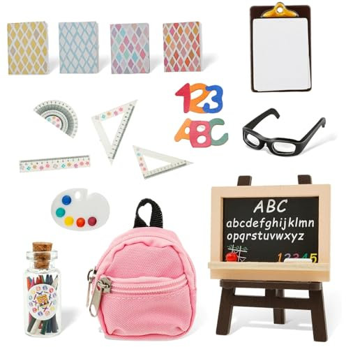Dbvnnsy 17Pcs/Set Mini School Supplies Dollhouse, Including Tiny Backpack, Mini Blackboard, Pencil, Glasses, Stationery, Books Plastic Mini Dollhouse Accessories Dollhouse Miniatures Set