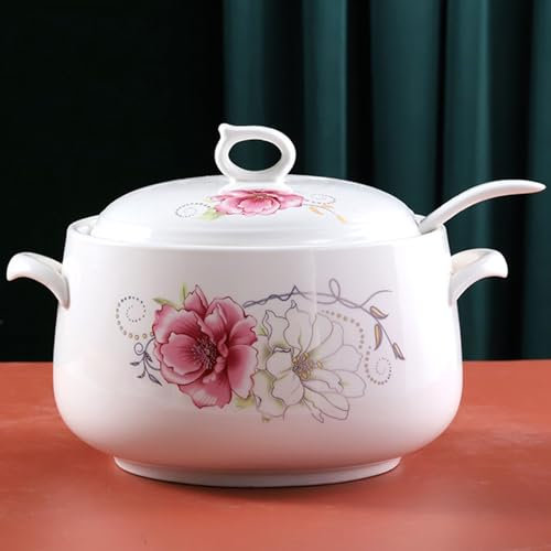 DOPZNJWF Soupière À Soupe en Céramique avec Couvercle Et Cuillère, Mangeoire De Service d'une Capacité 1800Ml Poignées Doubles pour Cuisine, Porcelaine, Micro-Ondes Lave-Vaisselle,D