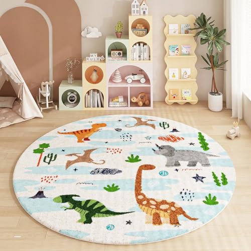 Tospass Kinderzimmer Teppich Weicher Kunstwolle Tierdruck Rund Waschbarer Kinderteppich Spielteppich Wohnzimmer Junge Mädchen Kurzflor rutschfest Teppich, 120 cm Rund