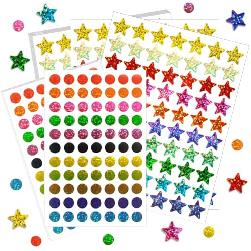 3640 adesivi per bambini, a forma di stella, rotondi, con brillantini, per bambini, 10 + colori da 1,5 cm, con stelle glitterate, 1 cm, puntini adesivi colorati per calendario, fai da te, scrapbooking