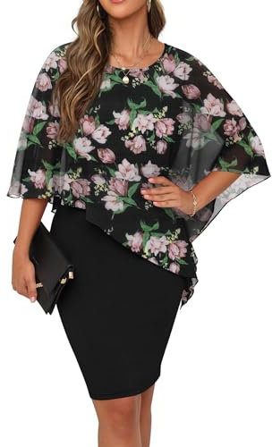 QIXING Womens Summer Casual Dress Loose Batwing Sleeve Crew Neck Chiffon Cape Elegant Midi Cocktail Pencil Dresses for Women UK for Funeral Party Wedding