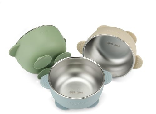 PandaEar Set da 3 Ciotole per Bambini in Acciaio Inox con Ventosa, Ciotola Antiscivolo con Rivestimento in Silicone per Neonati, Bambini e Toddlini, Infrangibile e Senza Disordine (Blu)