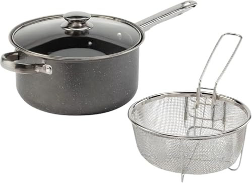 Housetr‎‎onics 3-in-1 Chip Pan with Lid & Wire Basket 24cm, Deep Fat Fryer with Non-Stick Coating | Transparent Glass Vented Lid | Dishwasher Safe Compatible with Gas, Electric & Solid Hotplates