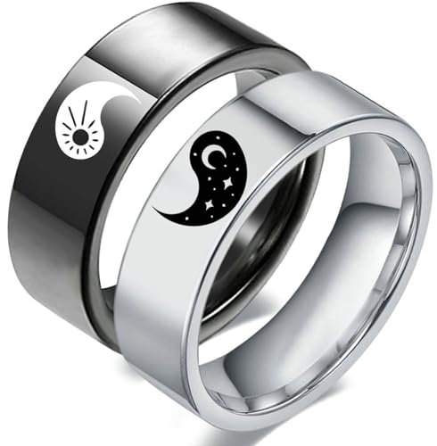 Bishilin Partnerringe für Sie und Ihn, Ringe Edelstahl Set YinYang Sonne Mond 8MM Trauringe Paar Ringe Verlobung Damen Gr.67 (21.3)+Herren Gr.65 (20.7)