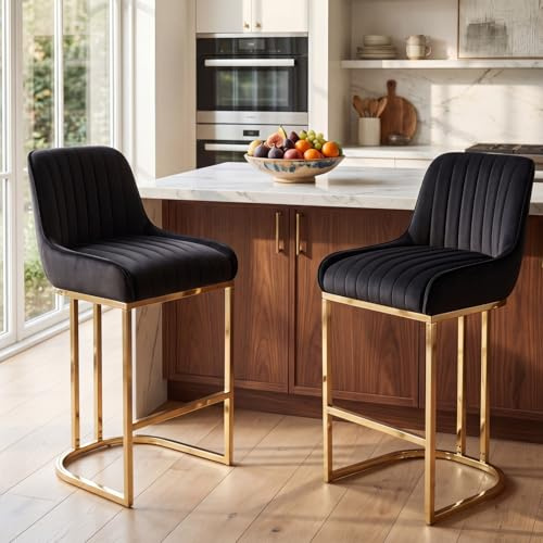 Ya-Home Tabouret de Bar en Velours Lot de 2 avec Pied Doré, Noir