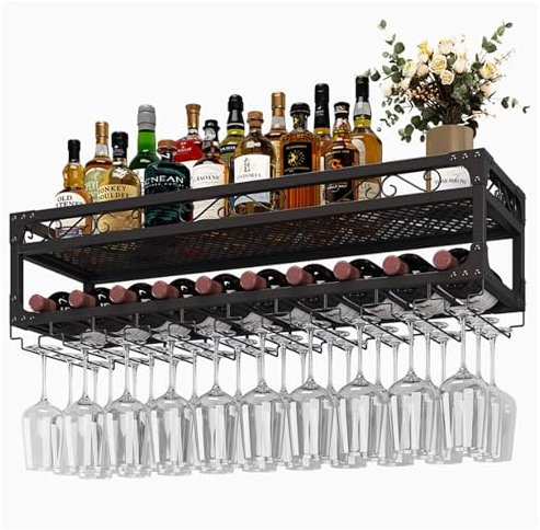 Weinregal Wand Metall Flaschenregal Schmal Bar Regal Wand Weinschrank Barschrank Weinständer Weinhalter Küchenregal mit Weinglashalter Hängend für Esszimmer Bartheke Wohnzimmer Küche(80cm(31.5in))