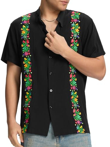 Zando Cinco De Mayo Shirt For Men – Mexican Traditional Theme Outfits Embroidered Floarl Dress Cuban Guayabera Shirts Top Black Button Down Short Sleeve Fiesta Shirts For Festival Party Beach X-Large