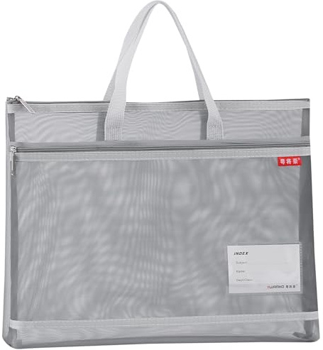 Dokumententasche A3 mit Reißverschluss, Transparente Netztasche, Grau | Mesh Bag 44 x 32 cm mit Griff, 2 Fächern und Etikettenfeld, Sammelmappe A3 für Schule, Büro und Zeichnungen