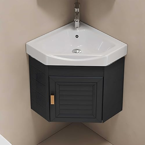 Hynbdes Wandmontiertes Keramikwaschbecken,Badezimmer-Eckwaschbecken,Eckwaschbecken Mit Unterschrank,Wandwaschbecken Hängewaschbecken Wandschrank-Set Für Kleine Räume Schwarz-43 * 43