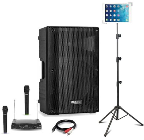 Ibiza - Pack Karaoke Enceinte Active Bluetooth USB Ibiza XTK15A-MKII 600W - 2 micros sans Fil - Support Tablette SMM20 - Mariage Fête Sono
