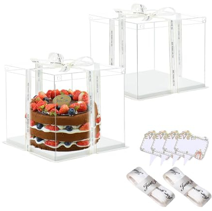 Transparente Tortenbox, Geschenkbox für Kuchen, Hochzeit & Transport | 30 * 30 * 17cm Tortenbox; klare Rundumsicht; mit Schleifenband und Tortenstecker-Zubehör; Schutz vor Staub; ideal für Feiern
