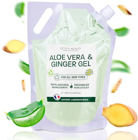 Gel de Aloe Vera & Jengibre – Hidratante y Reafirmante Natural – Con Aloe Fresco Ecológico de España – Uso Facial, Corporal y Capilar – Post-Solar, Piernas Cansadas, After Shave 1000 ml