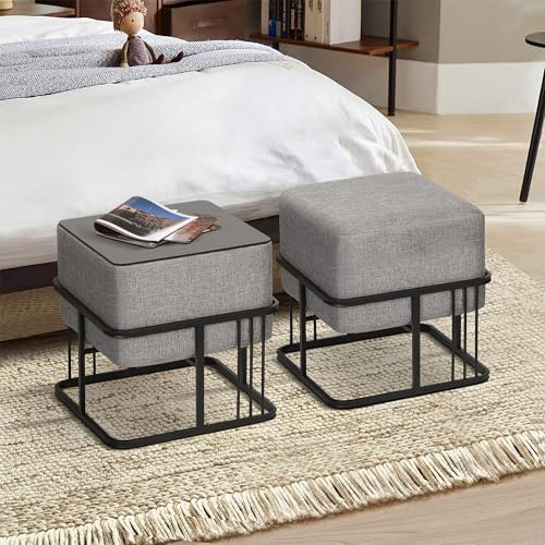 [en.casa] Lot de 2 poufs empilables avec Fonction de Table 2 in 1 Tabouret Carré Repose-Pieds Rembourré Multifonctionnel Élégant pour Salon Séjour Polyester MDF Métal 38 x 38 x 38 cm Gris Clair