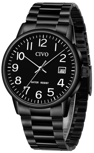 CIVO Klassisch Analog Armbanduhr Herren：Wasserdicht Herrenuhr aus Edelstahl mit Datum - Groß Zahlen Black Lederarmband Herren Uhren Geschenke für Männer