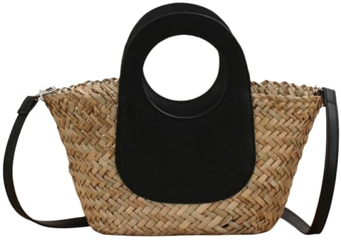SZKCXBDB strohtasche Mit Ledergriffen, Strandtasche, Korbtasche, Schultertasche, Einkaufskorb, Marktkorb, Obstkorb-schwarz