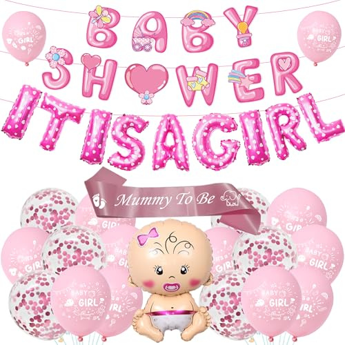 Tasoraor Babyparty Deko Mädchen Rosa - Baby Shower Dekoration Girlande It's A Girl Ballons, Mummy to Be Schärpe Neugeborene Folienballoon für Gender Reveal Party Babydusche