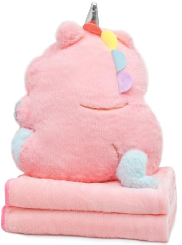 Cyiecw Unicorn 2 en 1 Manta con Costura de Almohada, Manta de Viaje de 100 x 170 cm y Almohada de 35 x 33 cm, Peluche para Niños, Regalo para Cumpleaños, Navidad, Viajes, Vacaciones (Rosa)