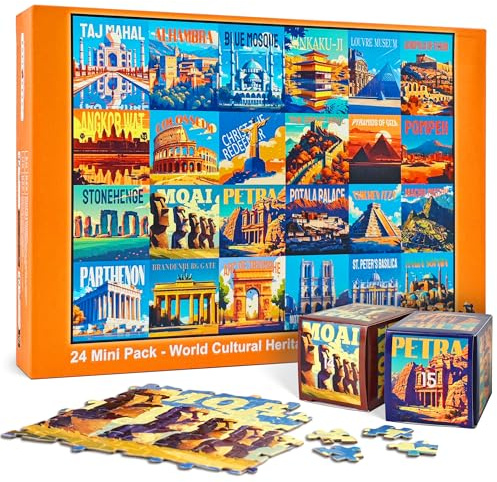 rokt&razo, World Heritage, 24 Mini Pack Jigsaw Puzzles, 1000 Pieces Daily Challenge Pack with Reference Poster, Advent Calendar, Family Game Nights, Finish Size 27.5 * 19.7 in (Index on The Back)