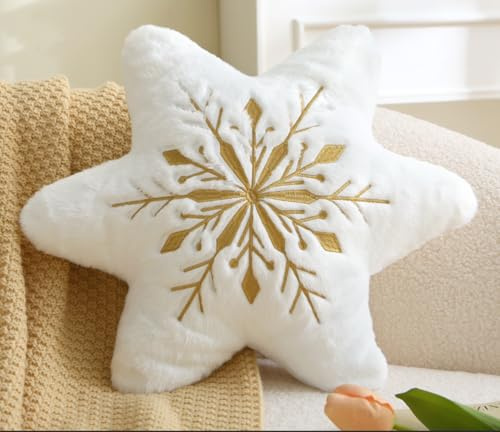 MolynnChic Decorative Throw Pillow – White Plush Star Cushion with Gold Embroidery – Soft Winter Christmas Accent Pillow for Couch, Sofa, Bedroom & Holiday Décor