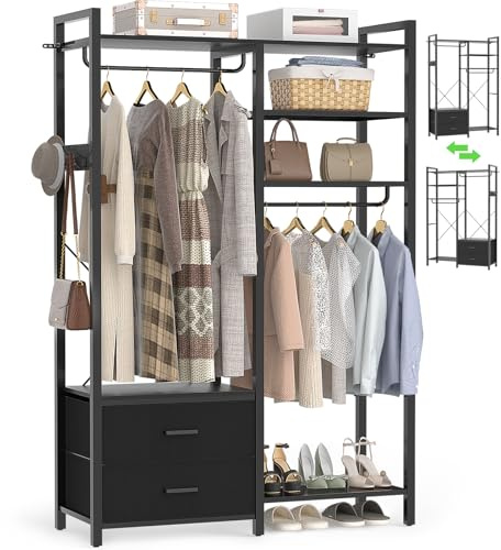 iSunirm Kleiderständer Offener Kleiderschrank mit 2 Schubladen, Garderobenständer Metall, Stabiles Regal mit Kippsicherung für Schlafzimmer Flur, 200x115x40cm, Schwarz