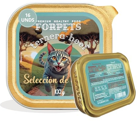 FORPETS Comida Húmeda Gatos Ternera Selección de Campo Pack 16x100g Paté Suave Alto en Proteína con Taurina Alimento Completo Comida Humeda para Gatos Adultos Textura Apetecible Lata Servir